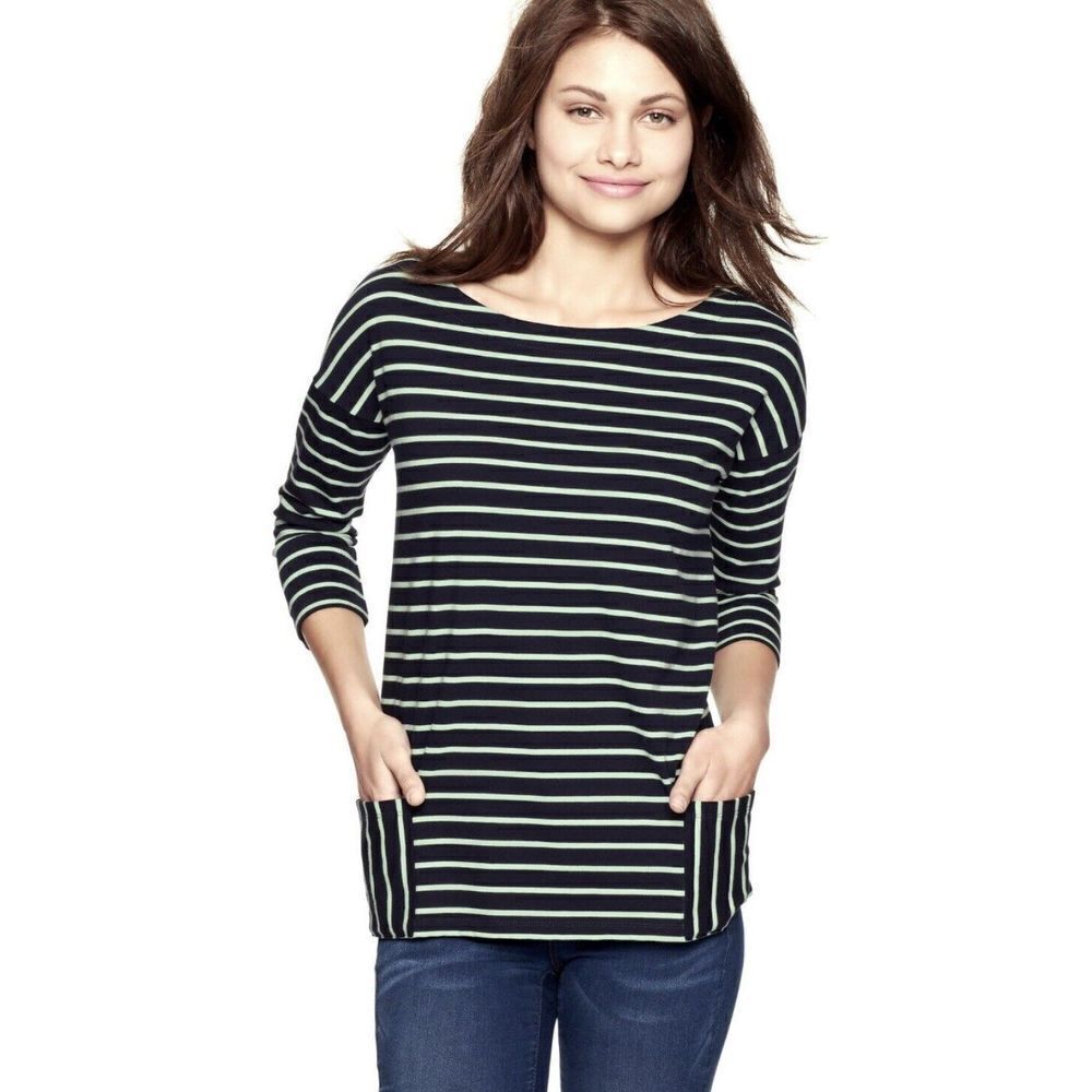 Gap Harbor Jersey Top Stripes Pockets Boat‎ Neck Blue Mint
